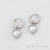 PAIR OF HEART WITH WITH A WHITE PEARLESCENT INLAY DANGLE 316L SURGICAL STEEL HUGGIE/HOOP EARRINGS 